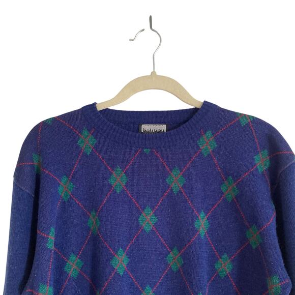 Vintage 90s City Streets Blue Green Argyle Knit Crew Neck Preppy Sweater Medium - Picture 6 of 14